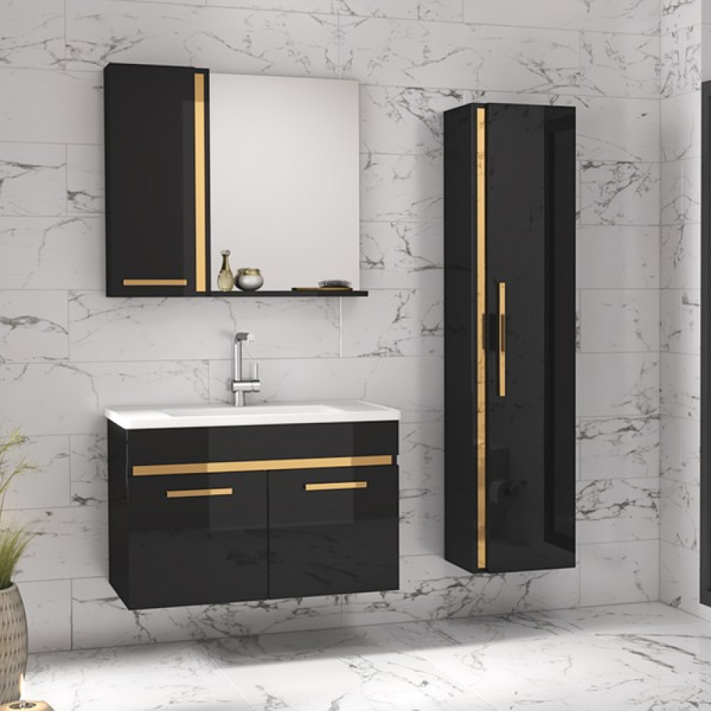 Alfa Banyo Yeni Gold Siyah (80+35) 115 cm Boy Dolaplı lavabolu banyo dolabı-Banyo Takımı - Yok Banyo Dolabı / Mobilyası Fiyatı