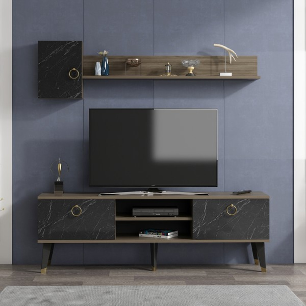 Alfa Tv Ünitesi Ceviz Royal Mermer 150 x 35 cm - Siyah - Ceviz Tv Ünitesi / Sehpası Fiyatı