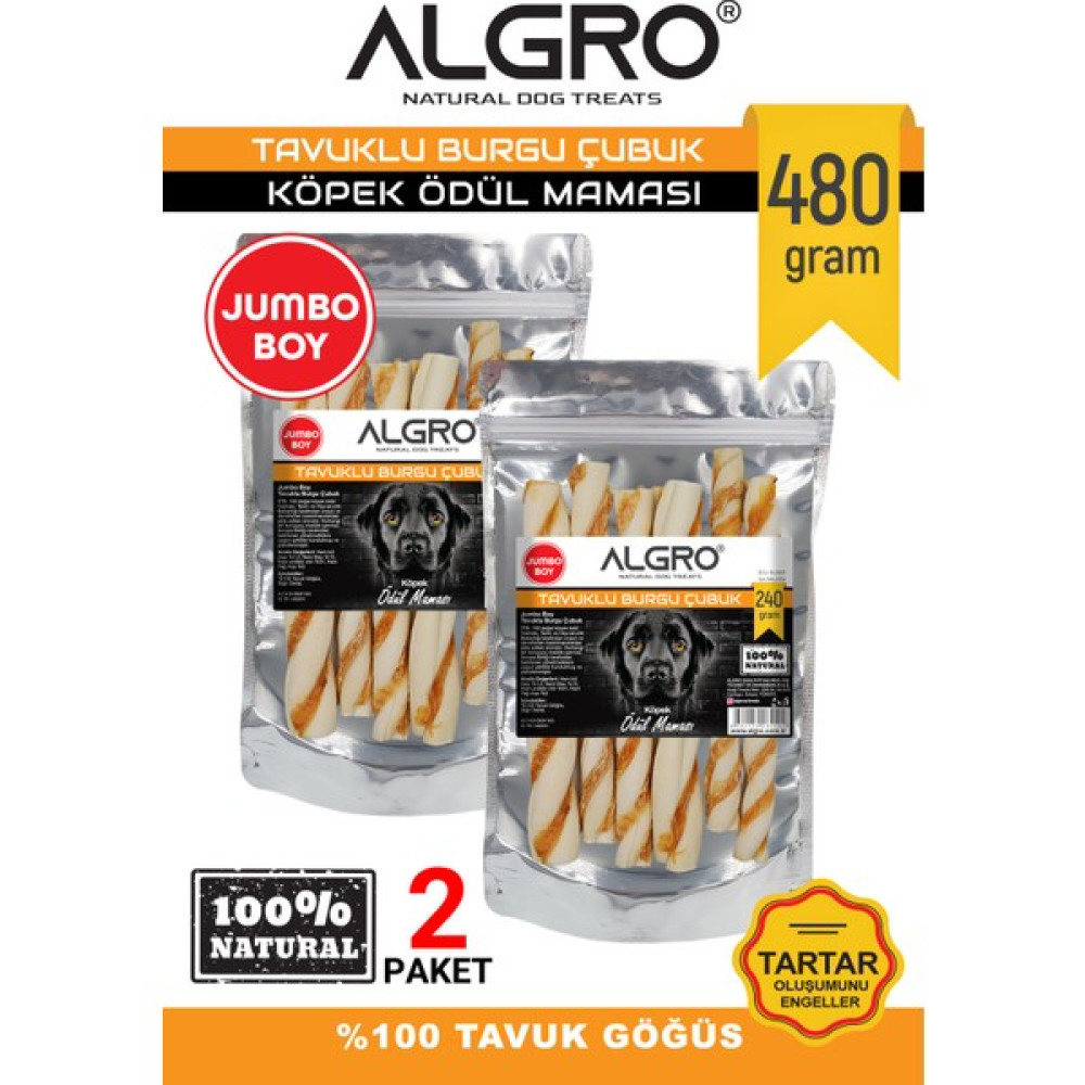 Algro %100 Tavuk Göğüs Etli Jumbo Boy Burgu Çubuk 240 gr Sığır Derisi 2 Paket Oto Boyaları Fiyatı