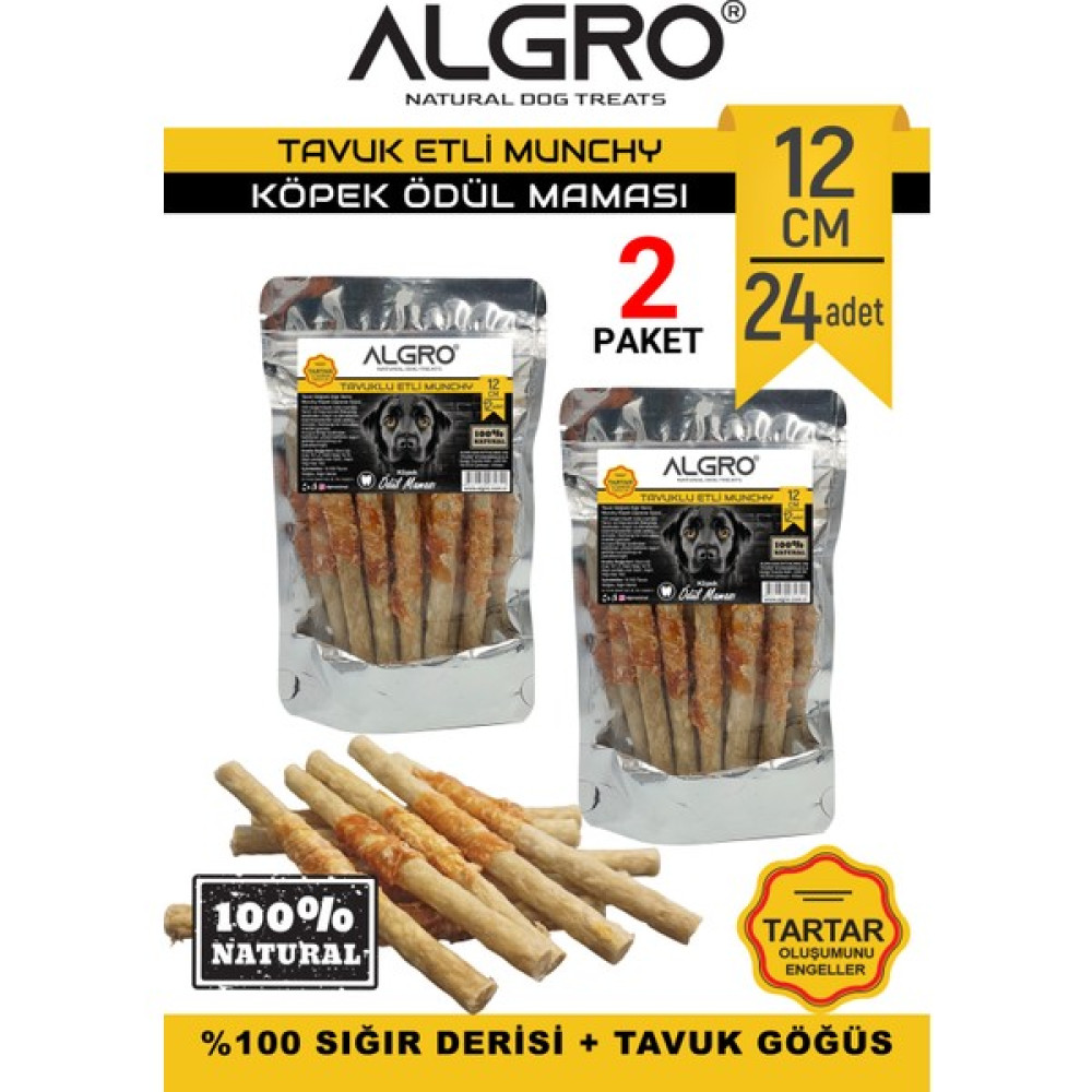 Algro Tavuklu Munchy Sticks Tavuk Göğüs Sarmalı %100 Sığır Derisi 12 cm x 12 Adet 2 Paket Oto Boyaları Fiyatı