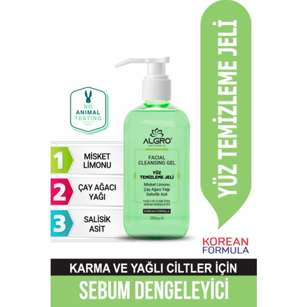 Algro Yüz Temizleme Jeli Karma ve Yağlı Ciltler Için Misket Limonu, Çay Ağacı Yağı, Salisik Asit Cilt Temizleme ve Peeling Fiyatı