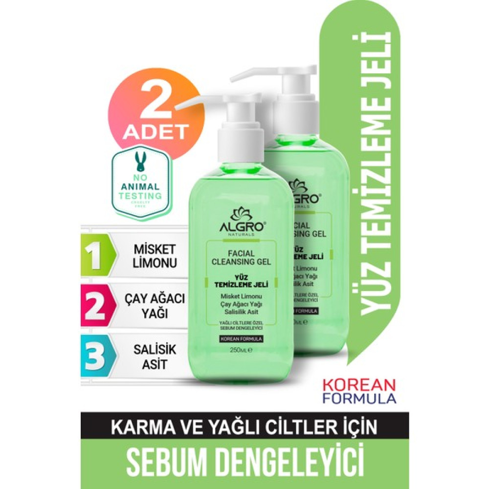 Algro Yüz Temizleme Jeli Karma ve Yağlı Ciltler Için Misket Limonu, Çay Ağacı Yağı, Salisik Asit 2 Adet Cilt Temizleme ve Peeling Fiyatı