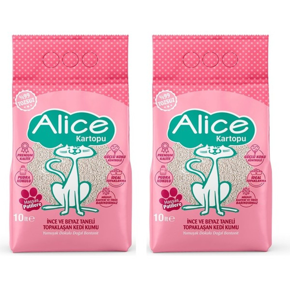 Alice Kartopu İnce ve Beyaz Taneli Pudra Kokulu Kedi Kumu 2x10 lt. Evcil Hayvan Ürünleri Fiyatı
