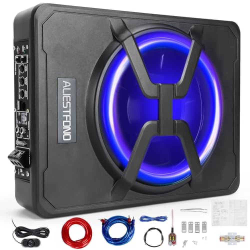 ALIESTFDNO 10 Inch 800W Under Seat Car Subwoofer Bass Active Stereo with Multi Colors Ambient Lighting,Built-in Car/Truck Audio Amplifier & with Wiring Kit, Remote ControI and Enclosure Black