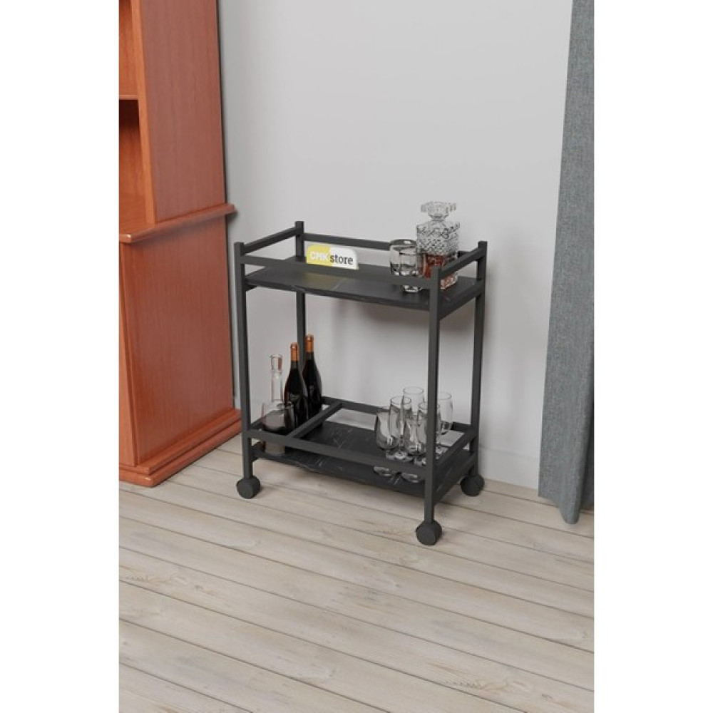 Aliis Life Servis Sunum Arabası Ev Tipi Iki Katlı Şişe Bölmeli Servant Bar Cart - Siyah Gardrop & Dolap Fiyatı