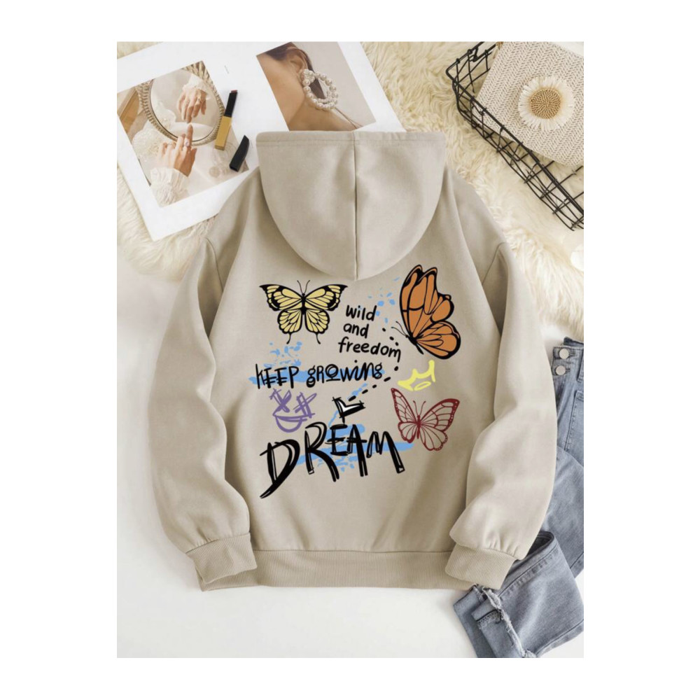 ALİKA Bej Keep Groving Dream Kapüşonlu Oversıze Sweatshirt L Beden Bayan Sweatshirt Fiyatı