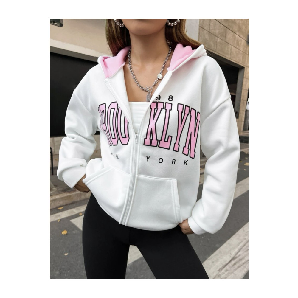 ALİKA Kadın Beyaz Pembe Kapüşonlu Fermuarli Brooklyn Oversize Hırka L Beden Kadın Hırka Fiyatı
