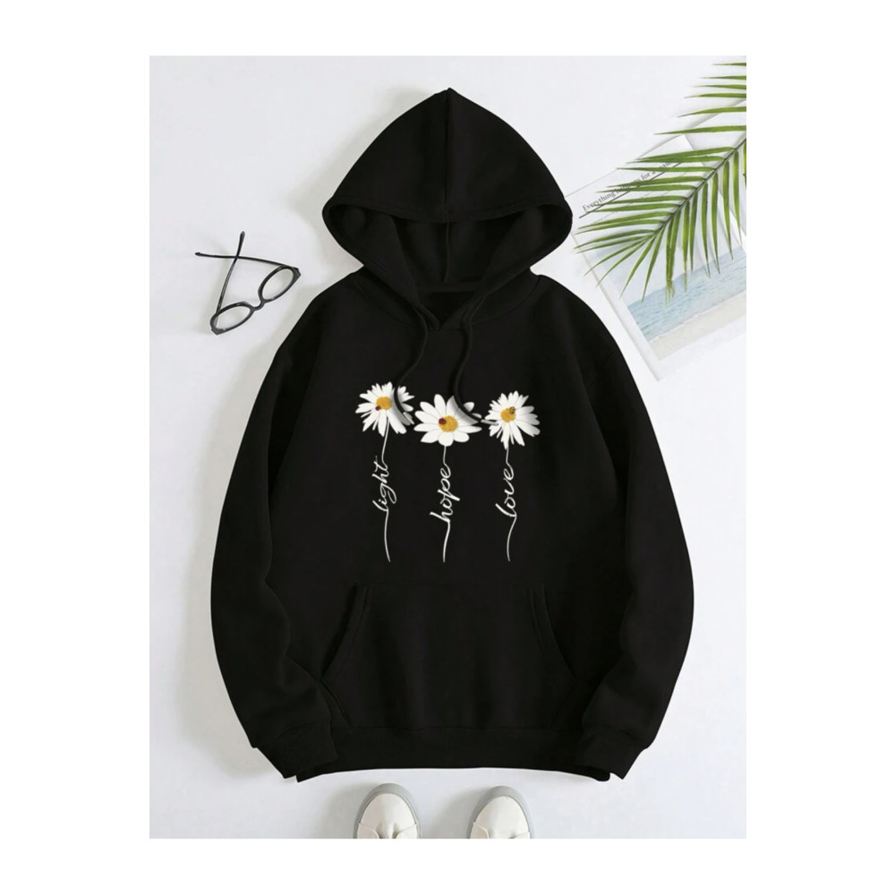 ALİKA Siyah Papatya Kanguru Cep Kapüşonlu Oversıze Sweatshirt M Beden Bayan Sweatshirt Fiyatı