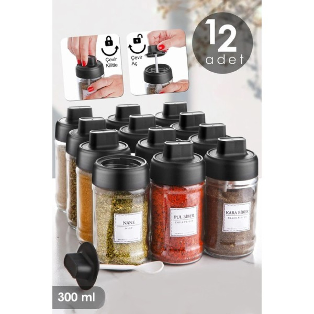 Alin Shop 12 Adet Kilitlenebilir Kapaklı Kapağı Kendinden Kaşıklı ve Etiketli Baharatlık Seti 300ml Baharatlık Baharat Setleri & Baharatlıklar Fiyatı