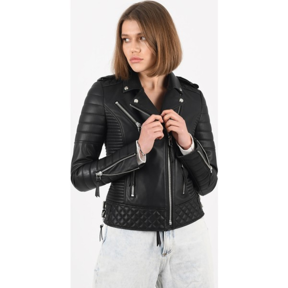 Alin Venus Deri Nikel Aksesuarlı Siyah Biker Style Ceket Kadın Bayan Ceket Fiyatı