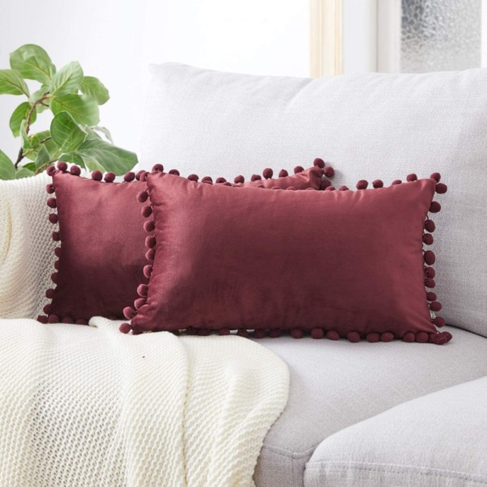 Alkan Homes 2 Adet Ölçü Seçenekli Ponponlu Dekoratif Kırlent Kılıfı - 32 x 52 cm - Bordo Kırlent / Mobilya Yastığı Fiyatı