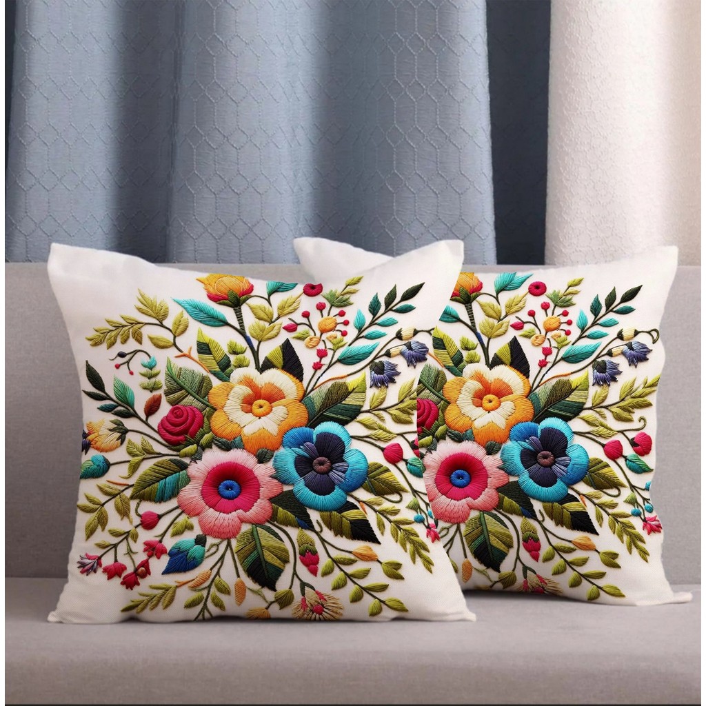Alkan Homes 2 Li Kombin Nakış Görünümlü Renkli Çiçek Dijital Baskılı Kırlent Kılıfı - 43 x 43 cm - Turkuaz Kırlent / Mobilya Yastığı Fiyatı