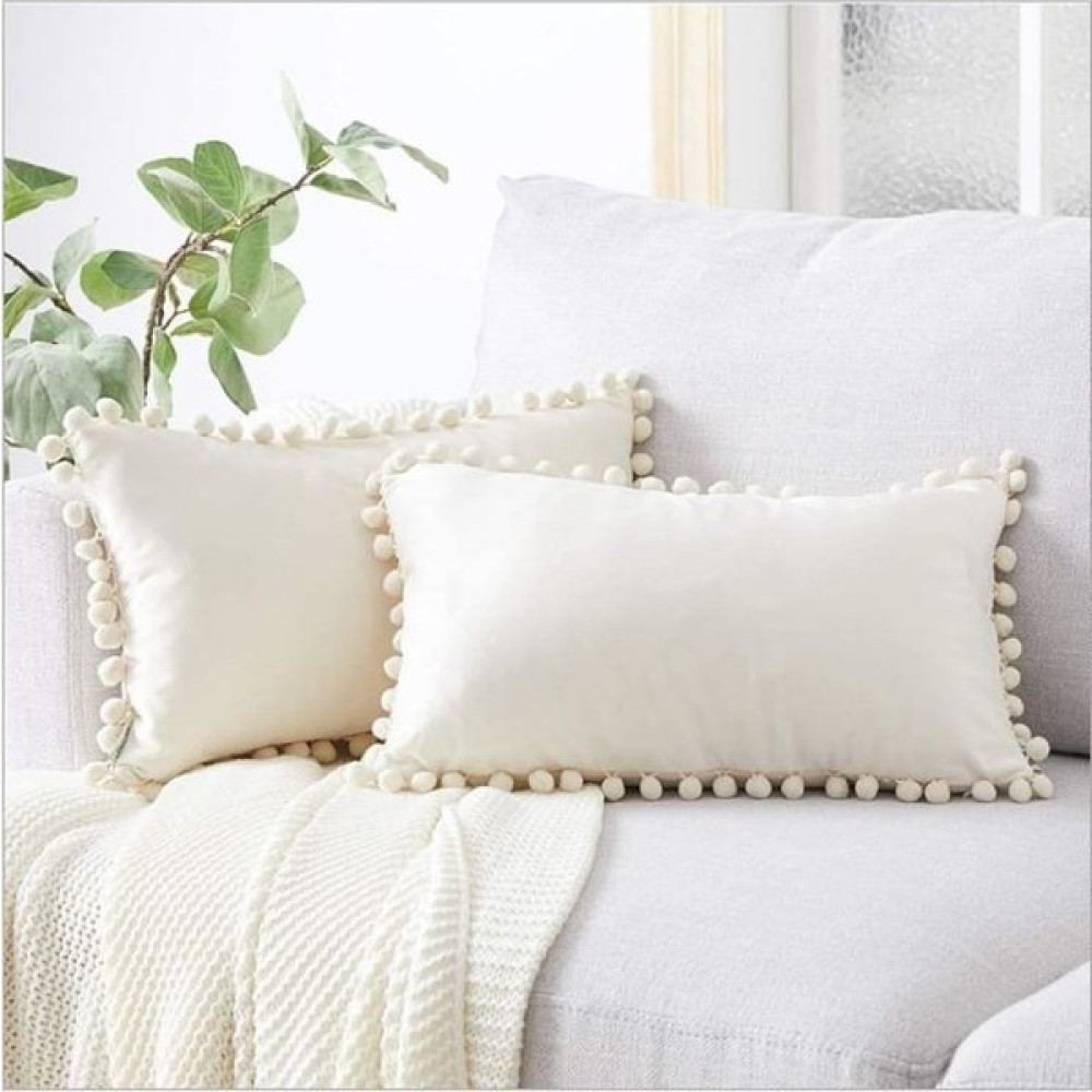 Alkan Homes Alkanhomes 2 Adet Ölçü Seçenekli Ponponlu Dekoratif Kırlent Kılıfı - 32 x 52 cm - Açık Krem Kırlent / Mobilya Yastığı Fiyatı