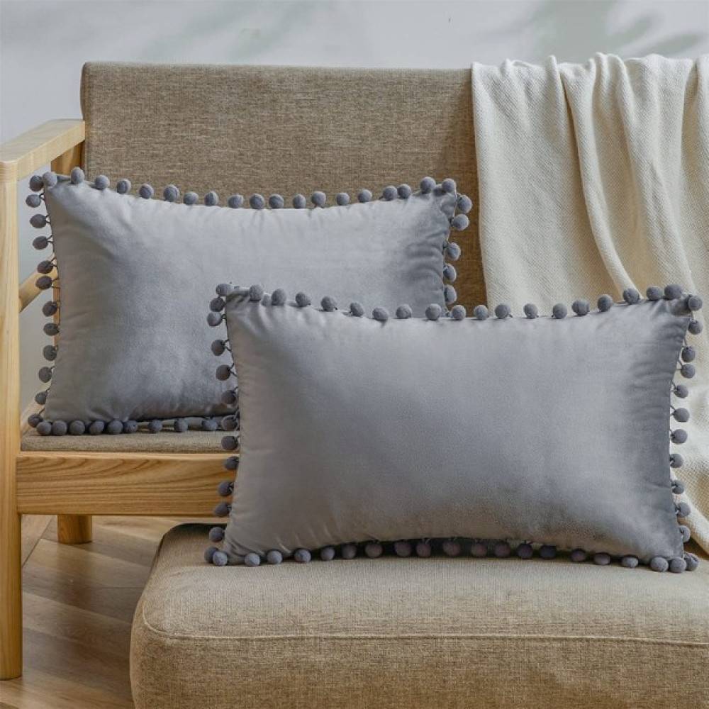 Alkan Homes Alkanhomes 2 Adet Ölçü Seçenekli Ponponlu Dekoratif Kırlent Kılıfı - 32 x 52 cm - Gri Kırlent / Mobilya Yastığı Fiyatı