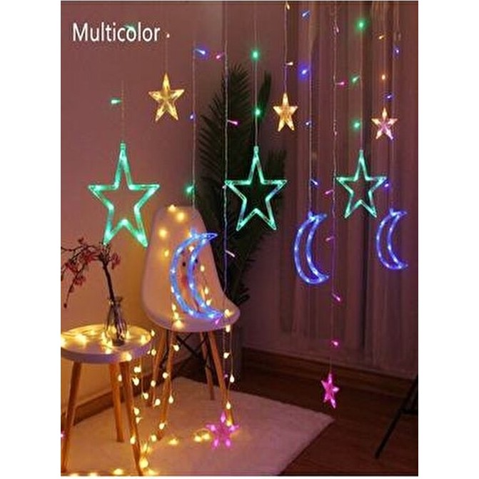 Alkese Yılbaşı Ay Yıldız Saçak Perde Ramazan Parti Yılbaşı Rgb LED Işık Animasyonlu USB Girişli - Mavi Perde Fiyatı