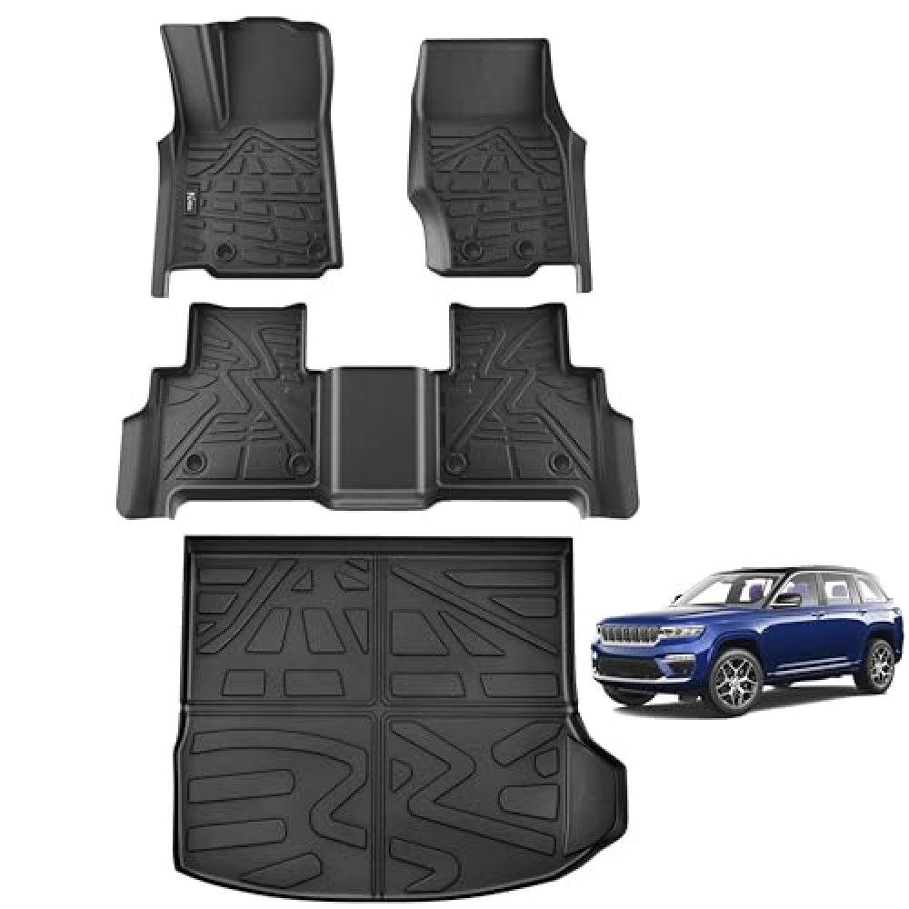 All Weather Floor Mats Cargo Liner Fit for 2022-2025 Jeep Grand Cherokee 2-Row (Include 4xe, Not WK or L) 5-Seater, TPE Rubber Liners Grand Cherokee Accessories All Season Guard Mats Full Set