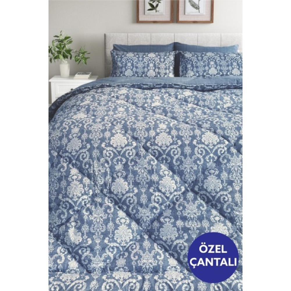 Alla Turca Lux Uyku Seti-Tek Kişilik-Lastikli Çarşaflı 2yastık Kılıflı-Özel Çantada Modern Damask Indigo - İndigo Yatak Seti / Uyku Seti Fiyatı