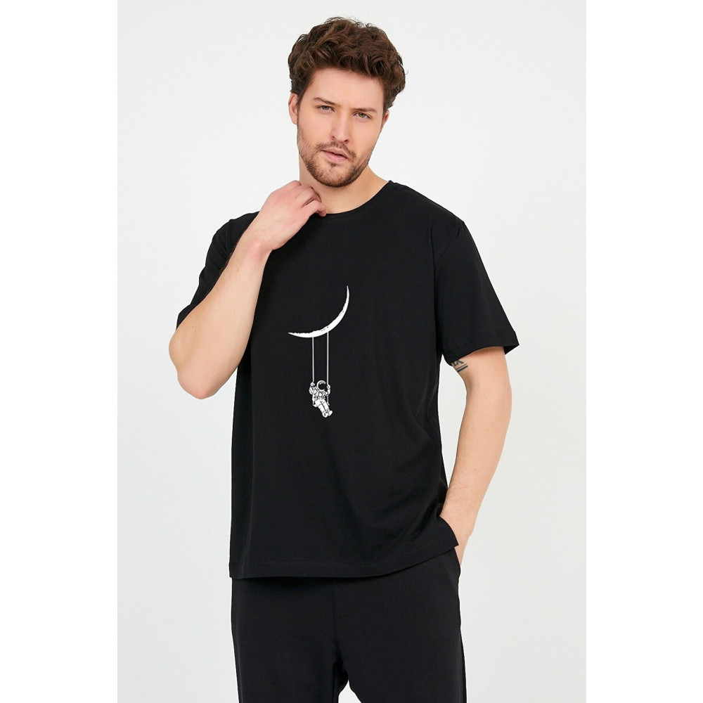 alley Unisex Siyah Önü Ayda Salıncak Baskılı Bol Kesim Pamuklu Tshirt M Beden Bayan T-shirt Fiyatı