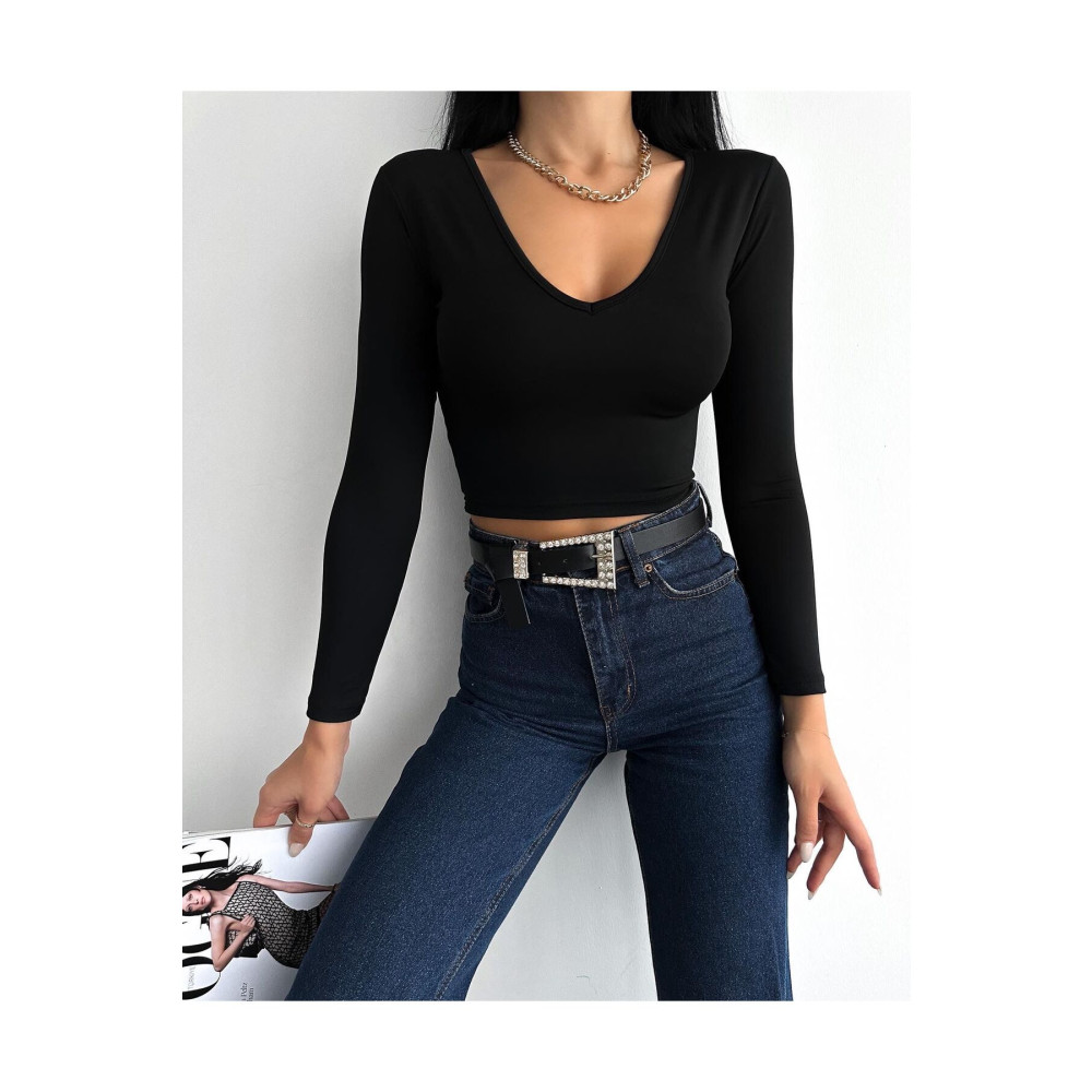 ALLEYTA Siyah Kadın Uzun V Yaka Crop XS Beden Bluz Fiyatı