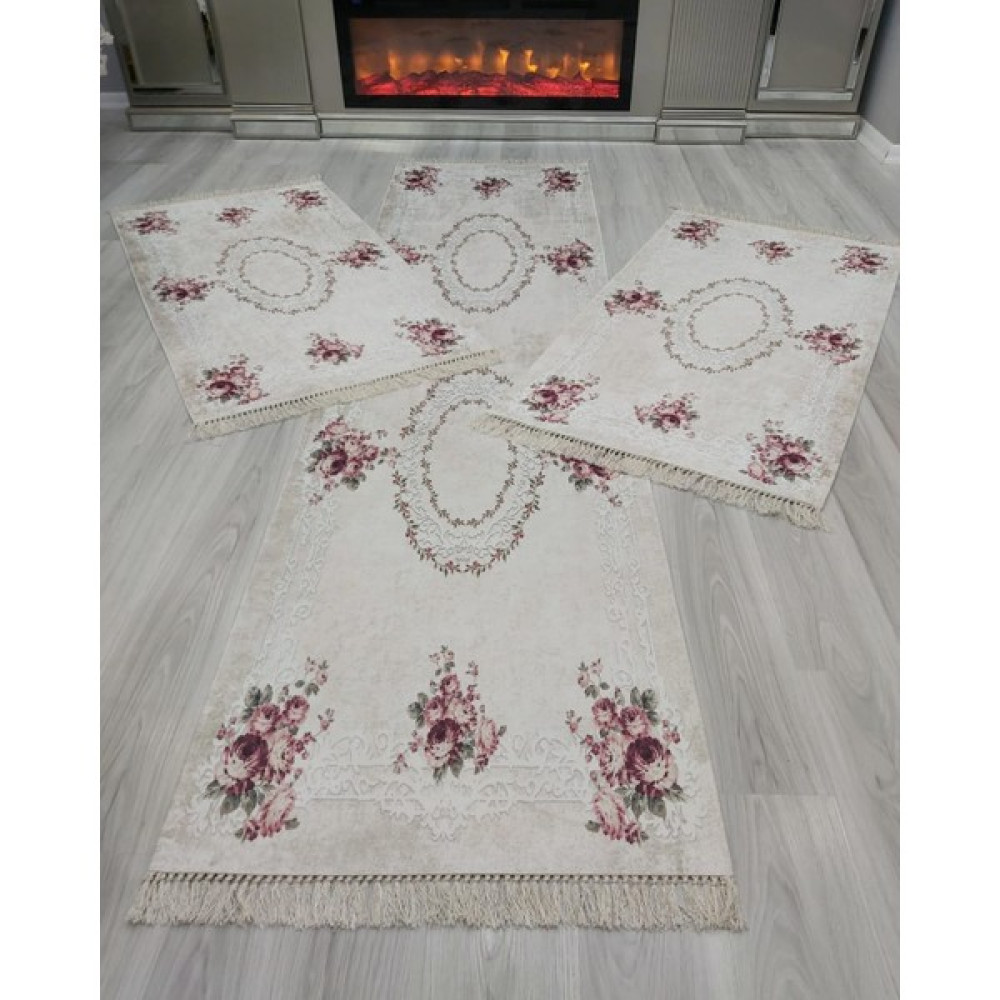 Allgelsin Yatak Odası Halısı Seti 3 'lü Yatak Odası Halı Takımı 2 Adet 80X150 1 Adet 80X300 cm Halı Seti  - ​80 x 150 cm - Pembe - Bej Salon Halısı Fiyatı