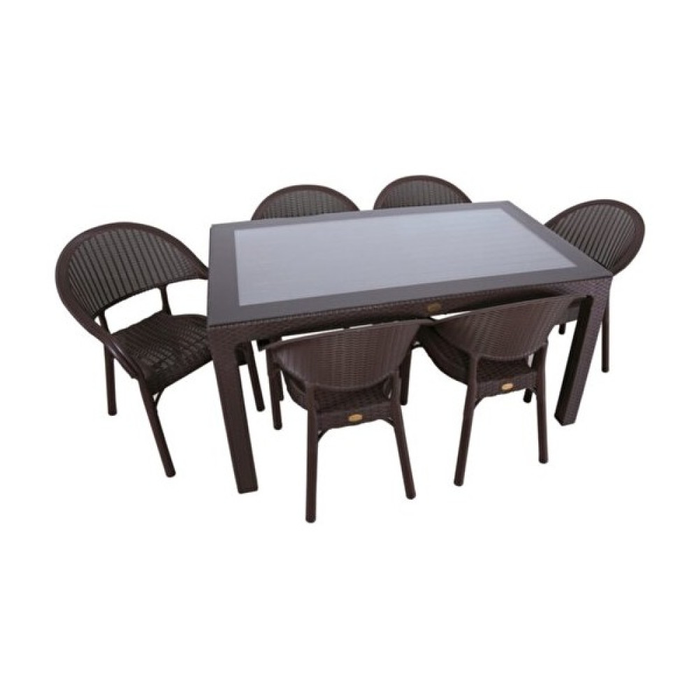 Almina 90X150 Bambu Plastik Rattan Bahçe Balkon Teras Camlı Masa Takımı 6 Sandalyeli Kahverengi - Renkli Bahçe Mobilyası Takımı Fiyatı