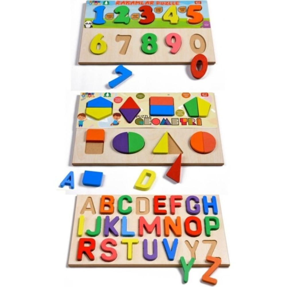 Almina Ahşap Alfabe, Geometri, Rakam Puzzle 3lü Set Eğitici Oyuncak Fiyatı
