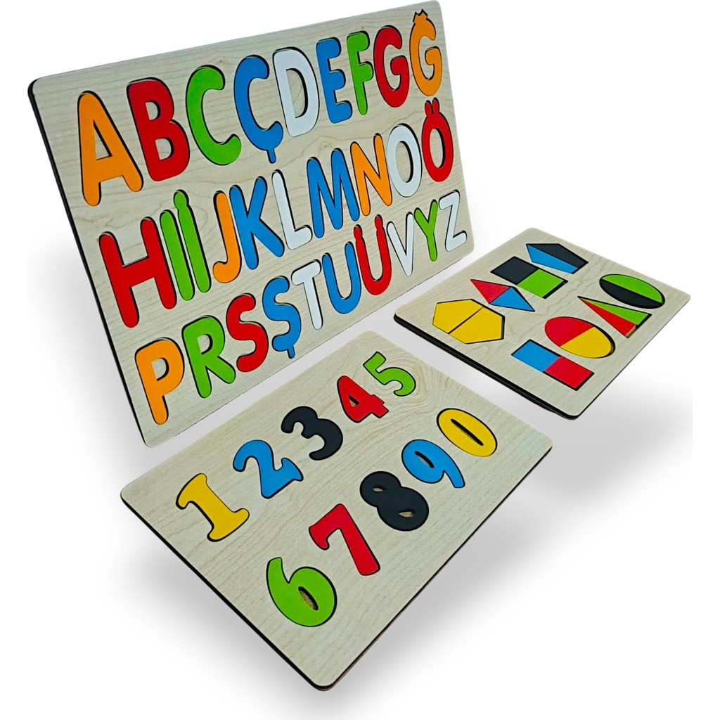 Almina Bigibigi Ahşap Alfabe, Geometri, Rakam Puzzle 3lü Set Anne Bebek Oyuncak Fiyatı