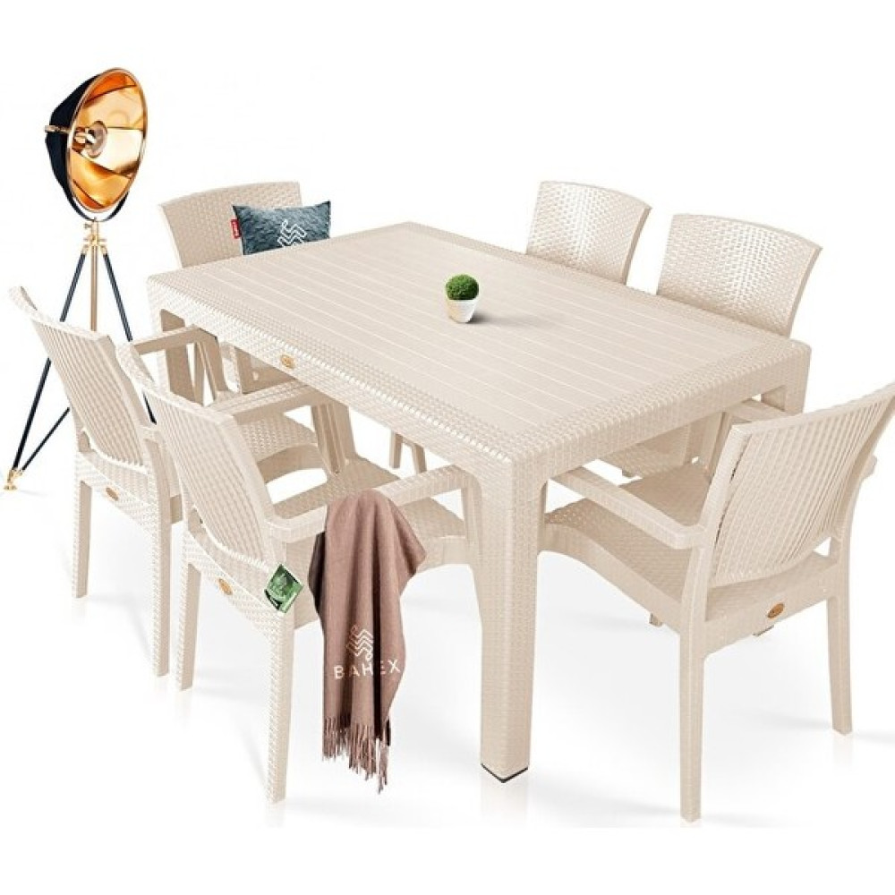 Almina Italy Pro 80X140 cm Rattan Bahçe Balkon Masa Takımı 6 Kişilik Camsız Set Krem - Renkli Bahçe Mobilyası Takımı Fiyatı