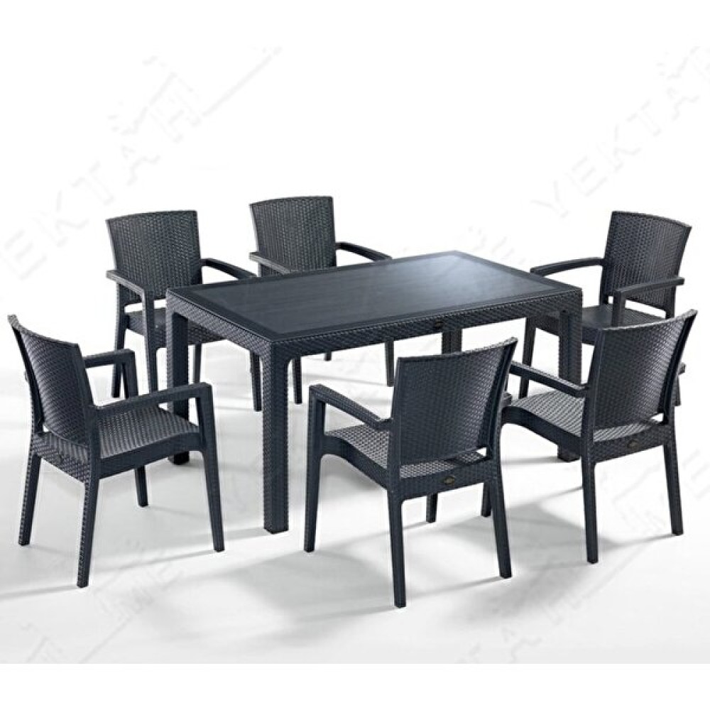 Almina Liverno Rattan 80X140 cm 6 Lı Rattan Bahçe Takımı Camlı Masa Koltuk Seti Antrasit - Renkli Bahçe Mobilyası Takımı Fiyatı