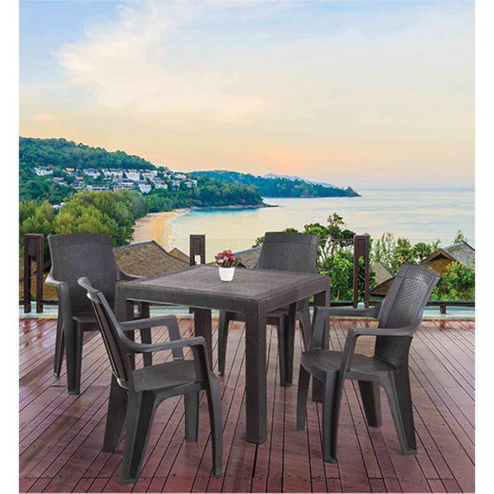 Almina Rattan Takım 90X90 cm Trend Lüx Camsız Masa 4 Adet Gold Sandalye Kahverengi - Renkli Bahçe Mobilyası Takımı Fiyatı