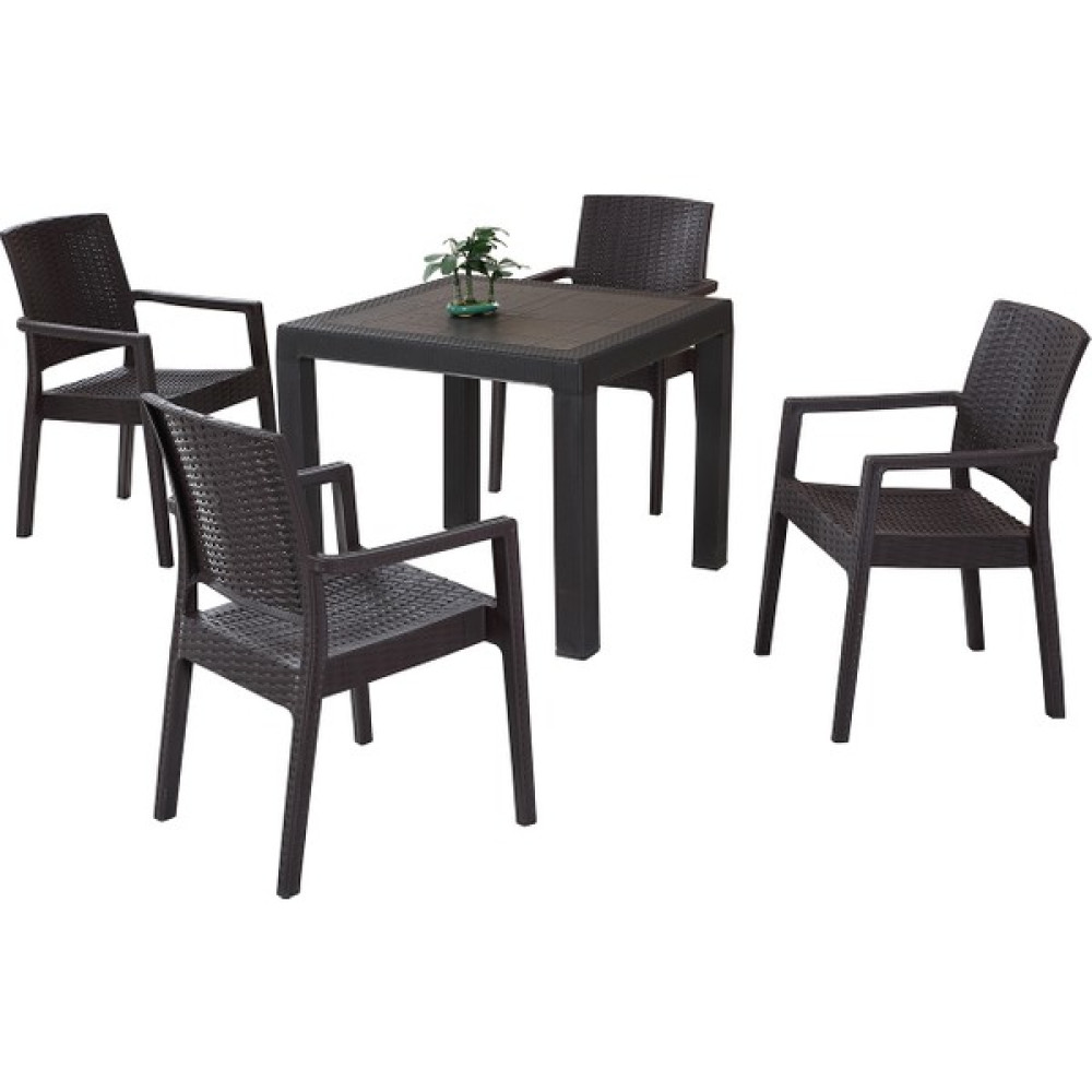 Almina Rattan Takım 90X90 cm Trend Lüx Camsız Masa 4 Adet Kollu Sandalye Kahverengi - Renkli Bahçe Mobilyası Takımı Fiyatı