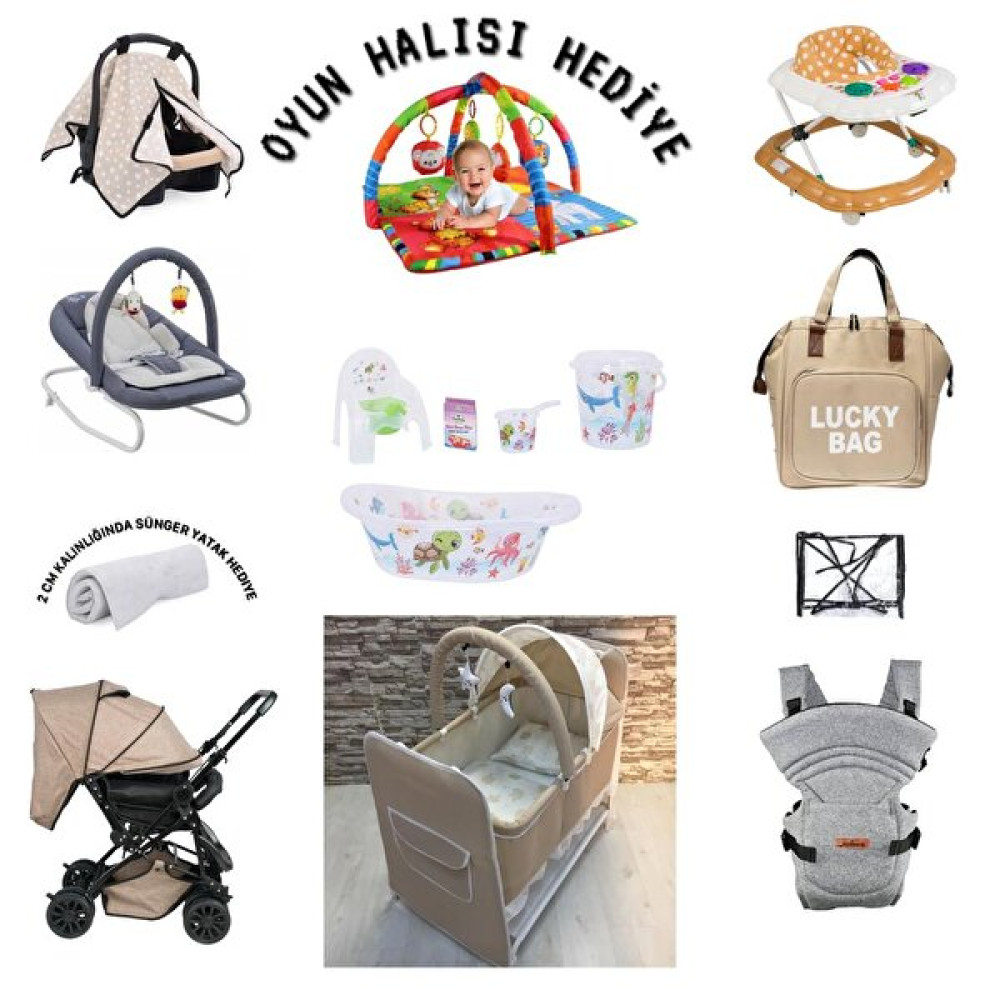 Almira Kids Bebek Arabası Beşik Anakucağı Yürüteç Küvet Puset Kanguru Oyun Halısı Hediye 16 Parça Bebek Seti Bebek Arabası ve Pusetler Fiyatı