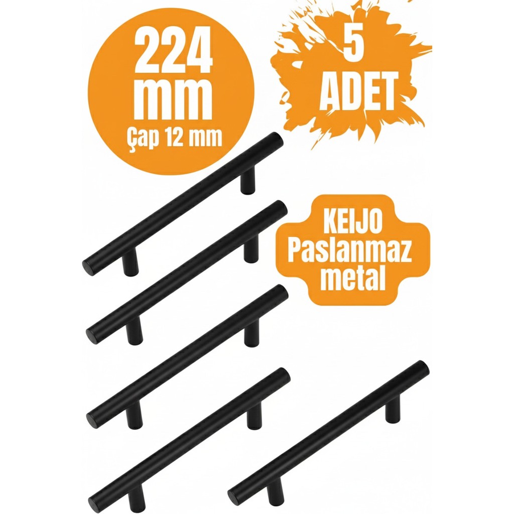 ALMITAL 5 ADET Keijo SİYAH 224mm Paslanmaz Kulp (mobilya, dolap kulbu, kulp modeli) - Mat Siyah Diğer Fiyatı