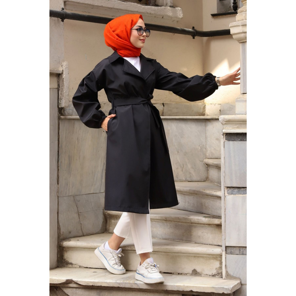 ALNİSS COLLECTİON Beli Kuşaklı Içi Ekoseli Trençkot 44 Beden Tesettür Giyim Fiyatı