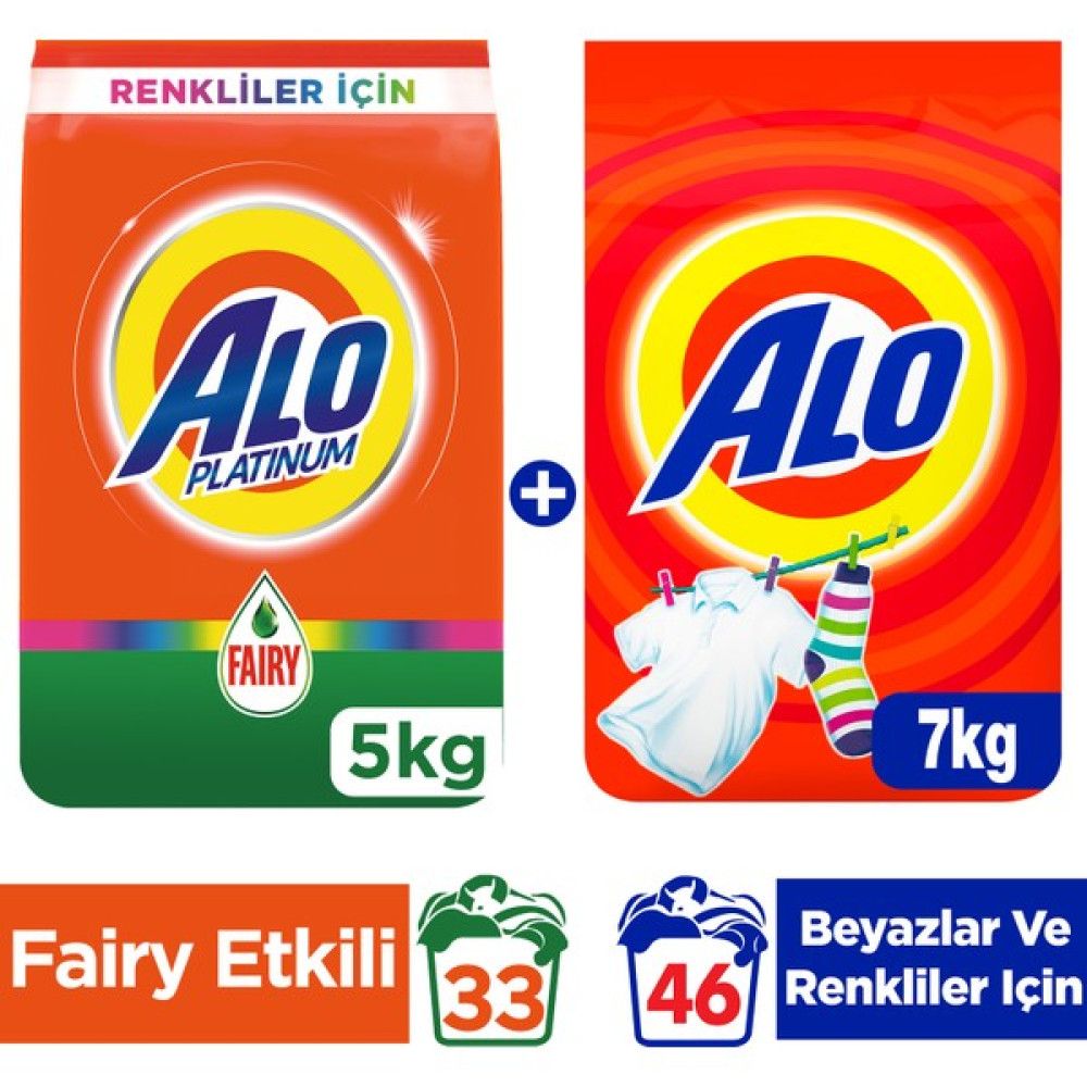 Alo Toz Çamaşır Deterjanı Beyazlar ve Renkliler İçin 7 kg + Alo Platinum Toz Çamaşır Deterjanı Fairy Etkili Renkliler İçin 5 kg - 12 kg Çamaşır Deterjanı Fiyatı