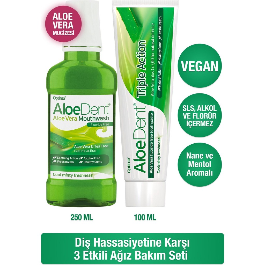Aloe Dent Florür ve SLS İçermeyen 3 Etkili Aloe Vera Naneli Diş Macunu 100 ml ve Ağız Bakım Suyu 250 ml Diğer Fiyatı