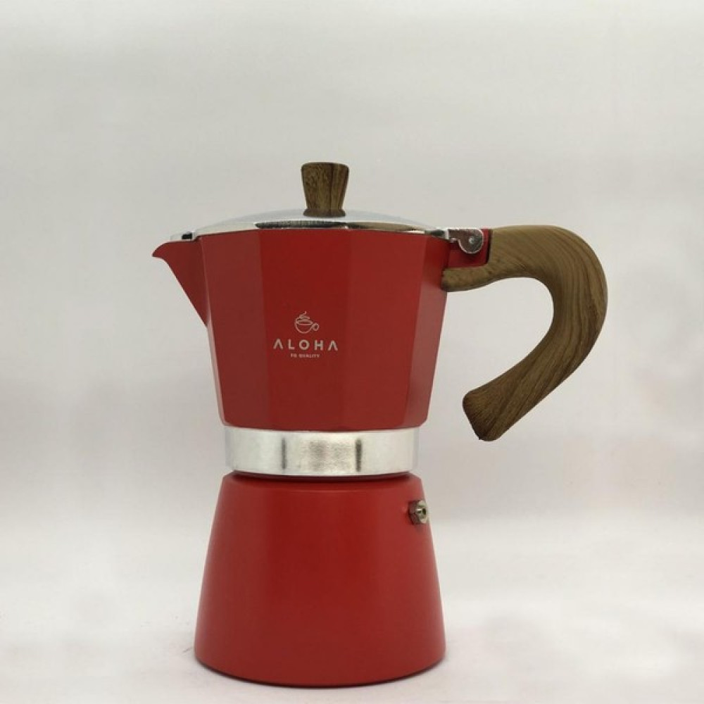Aloha Ahşap Kulplu 3 Cups Moka Pot - 180 ml Moka Pot 3 Cups-Moka Pot Kırmızı ALOHA3CUPS Çay / Çaydanlık Setleri Fiyatı