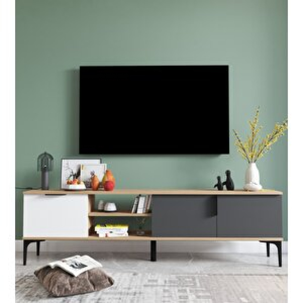 Alonex Tarz Raflı 180 Cm Metal Kulp Tv Ünitesi (Beyaz - Antrasit) Tv Ünitesi / Sehpası Fiyatı