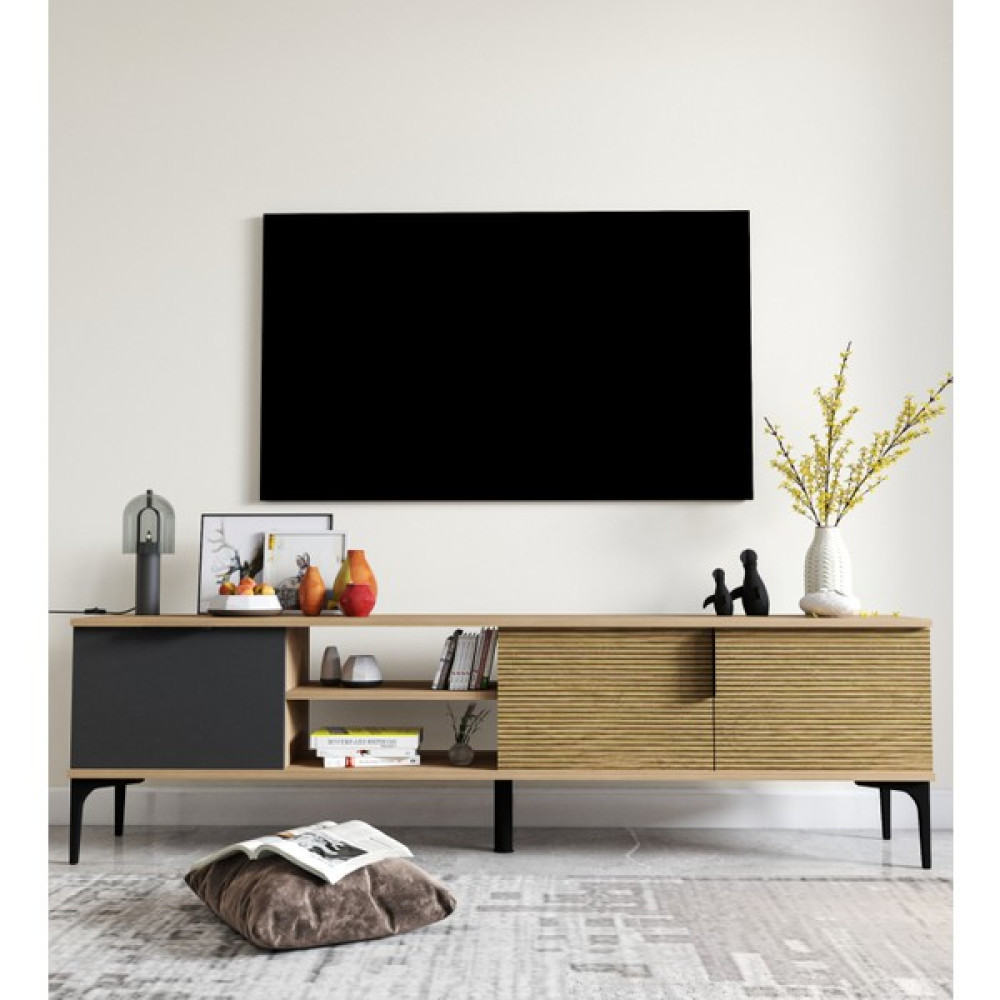 Alonex Tarz Raflı 180 cm Metal Kulp Tv Ünitesi (Sepet - Antrasit) DUBLIN002 - Antrasit Tv Ünitesi / Sehpası Fiyatı