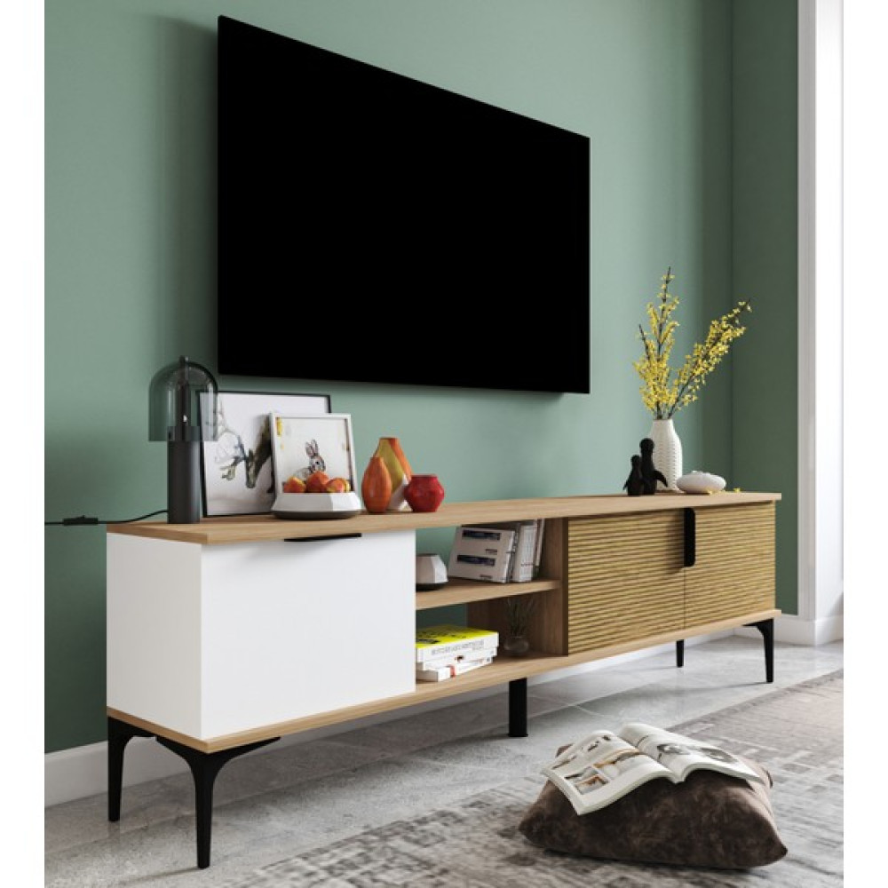 Alonex Tarz Raflı 180 cm Metal Kulp Tv Ünitesi (Sepet - Beyaz) DUBLIN001 - Beyaz - Kahverengi Tv Ünitesi / Sehpası Fiyatı