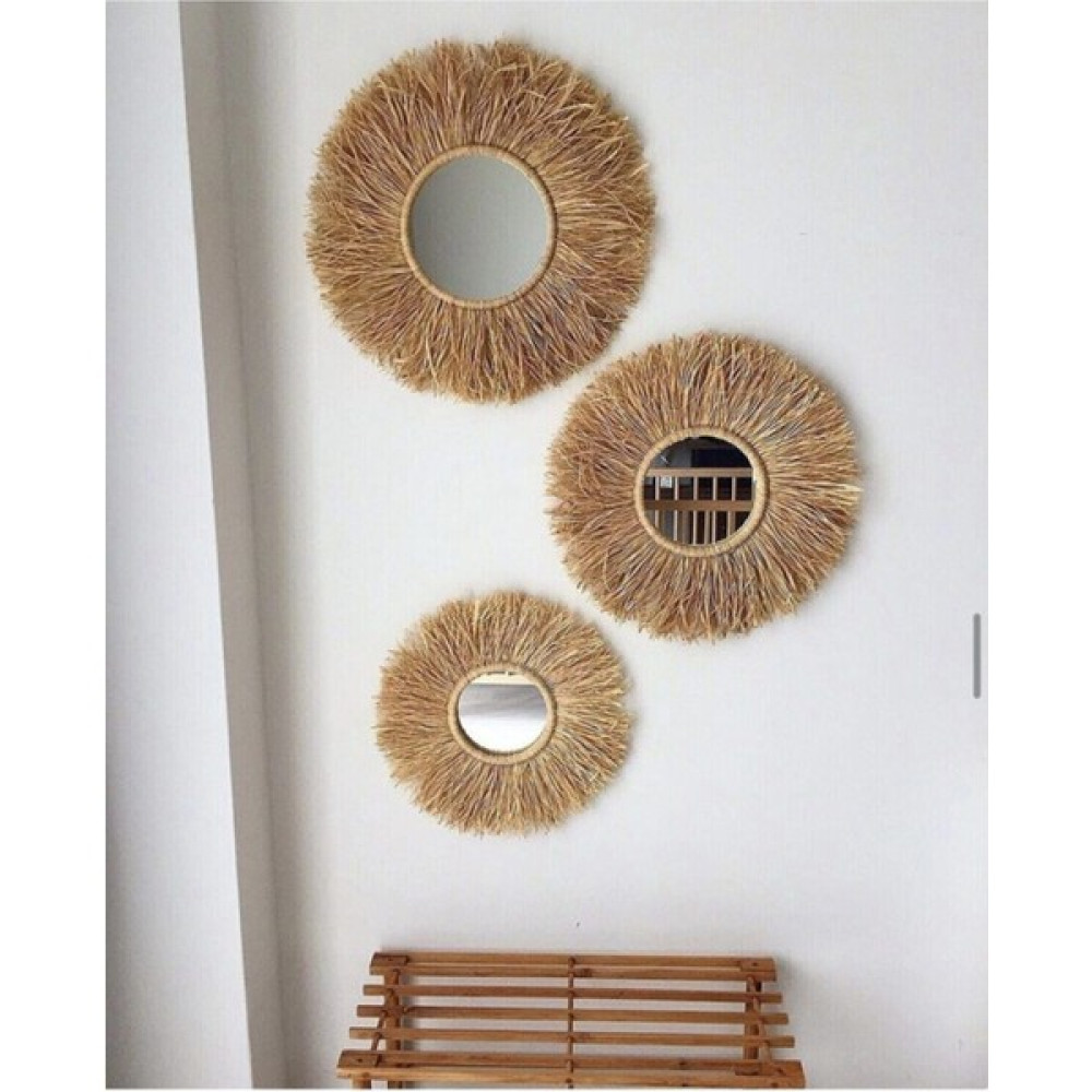 Alp Design 3 Lü Dekoratif Handmade Rafya Ayna Seti - Kahverengi - 40 - 45 - 50 Ayna Fiyatı