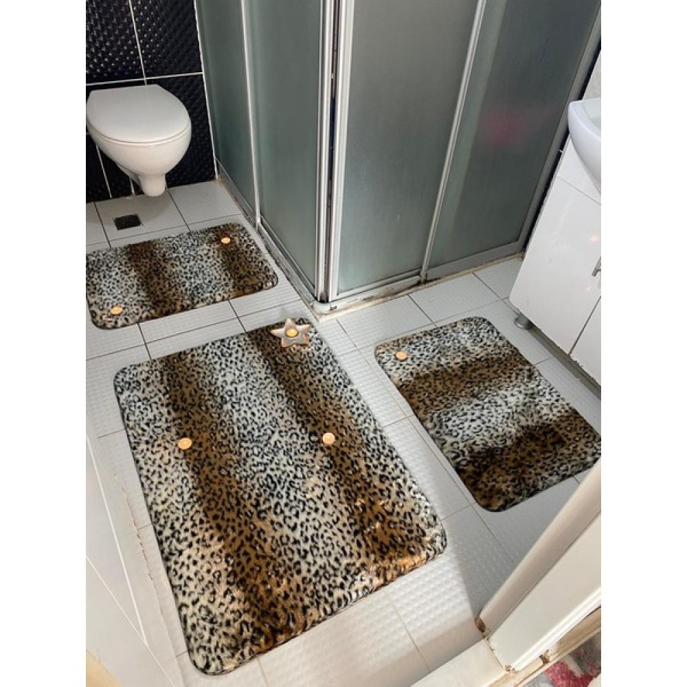 Alper Başhelvacı Leopar Desen Peluş Tuşe 3 Paspaslı Klozet Takımı 3'lü Set - 70X100 cm + 50X70 cm + 50X70 cm - 70 x 100 cm - Kahve Klozet Takımı Fiyatı