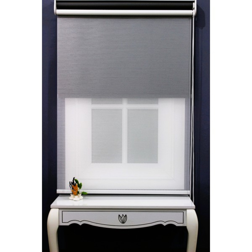 Alpinaz Çift Mekanizmalı Çizgili Tül & Mat Gri Stor Perde % 90 Işıgı Kesme Özelliği - 170 x 260 cm - Gri - Beyaz Stor Perde Fiyatı