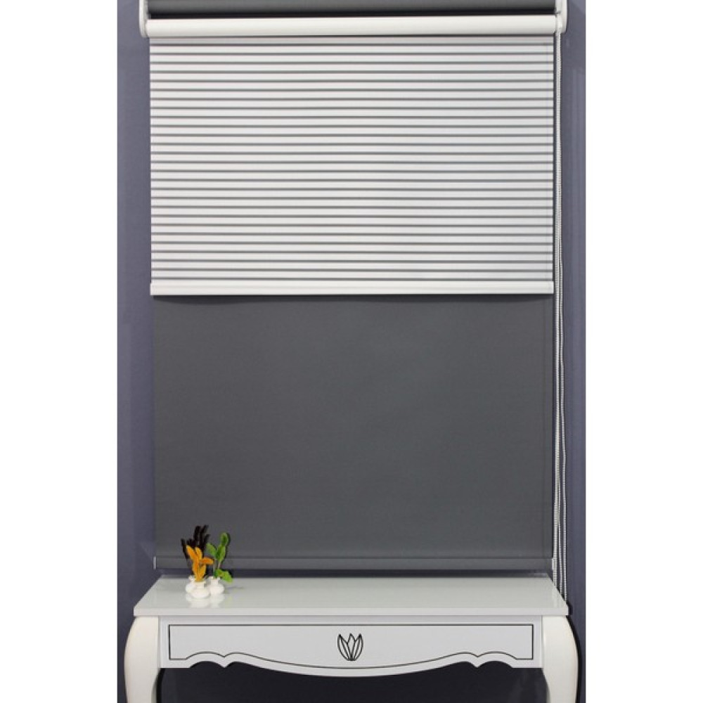 Alpinaz Çift Mekanizmalı Kalın Çizği Tül & Mat Gri Stor %90 Işıgı Keser - Gri - Beyaz - 160 x 200 cm Stor Perde Fiyatı
