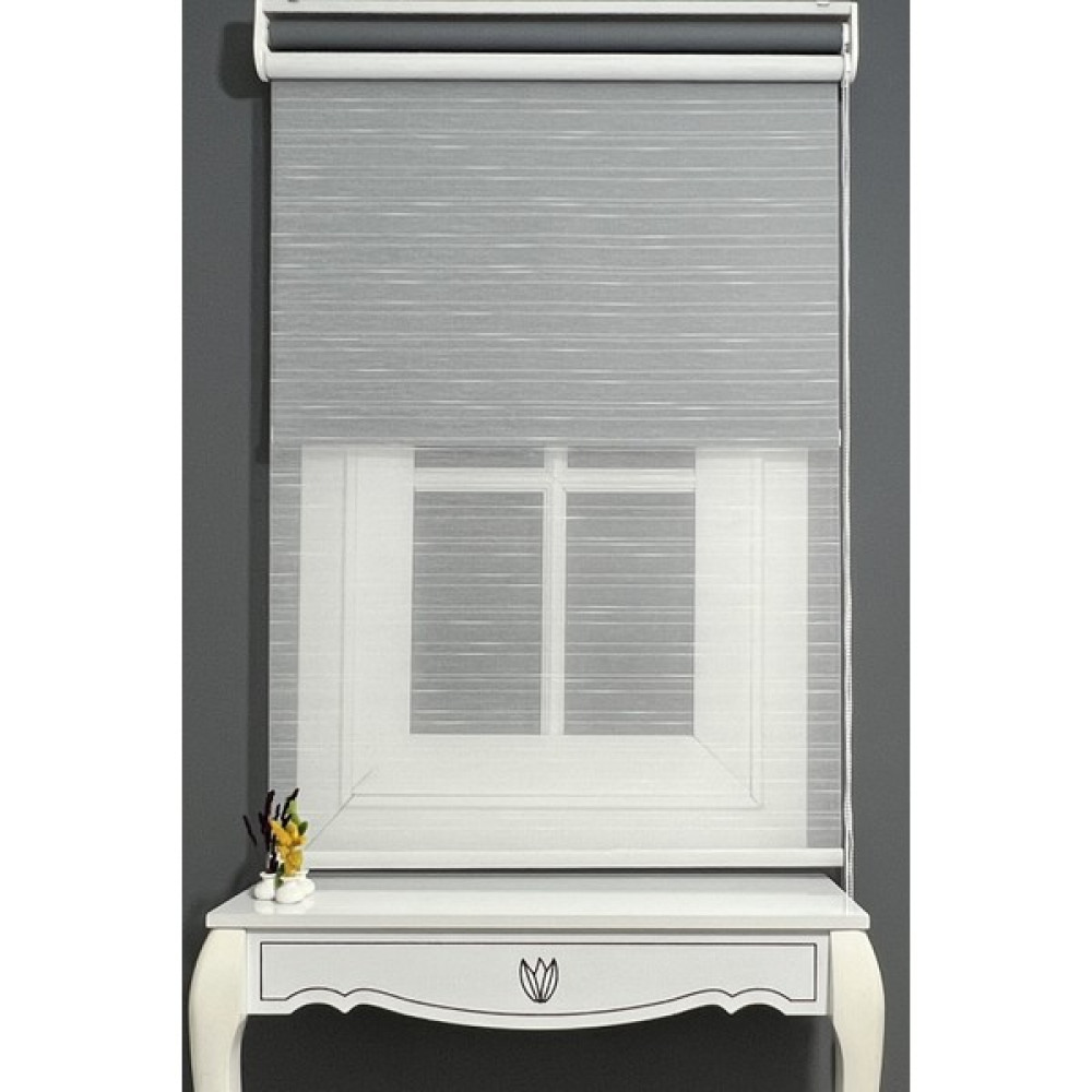 Alpinaz Çiftli Sistem Modern Çizgi Beyaz Tül & Mat Gri Stor %90 Işıgı Keser - Gri - Beyaz - 180 x 200 cm Stor Perde Fiyatı