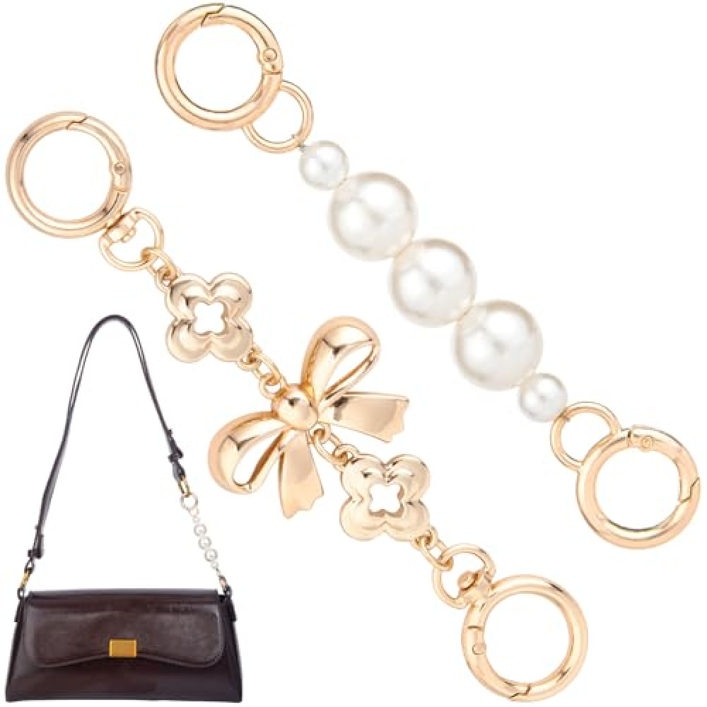 Alpinleux 2 Pcs Gold Bow Bag Extender Chain, Metal Pearl Extender Chains, Bow Pattern Purse Strap Replacement, Wallet Extender Chain Decoration for Purses, Bags, Wallet