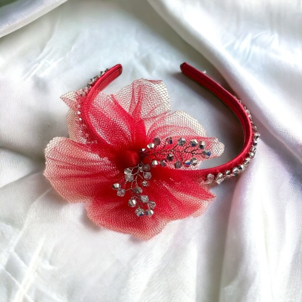 Als Accessories Kadın Kırmızı Kristal Taşlı Taç Kırmızı Tül Detaylı Saç Taçı, Lohusa Taçı, Kına Taçı, Çocuk Taçı Toka, Taç & Saç Bandı Fiyatı