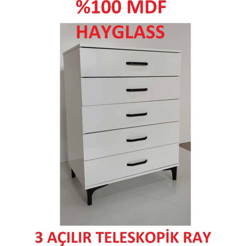 Alsan Dekor 5 Çekmeceli Mdf Hayglass Şifonyer - Beyaz Şifonyer Fiyatı