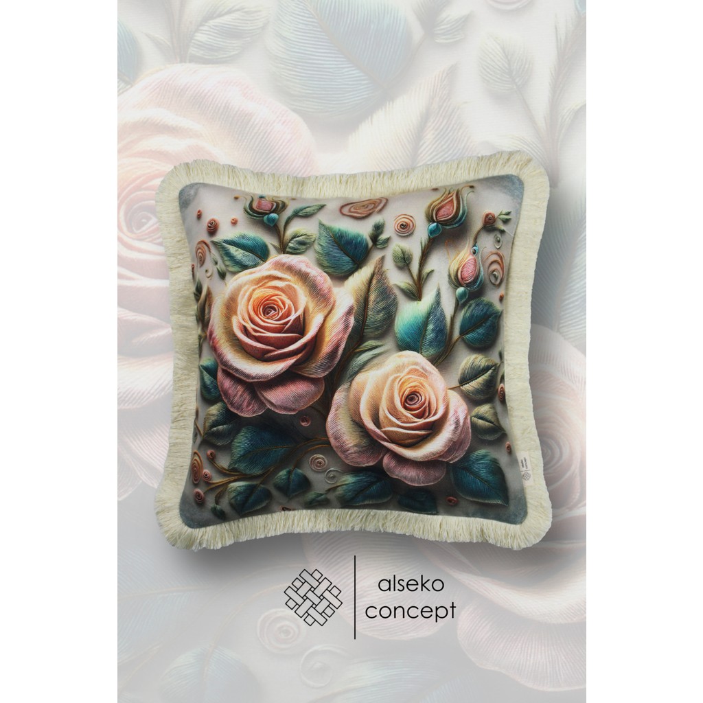 Alseko Concept Krem Püsküllü, 3D Flowers Desen Dekoratif 43X43CM Kare Kırlent Kılıfı - 43 x 43 cm - Çok Renkli Kırlent / Mobilya Yastığı Fiyatı