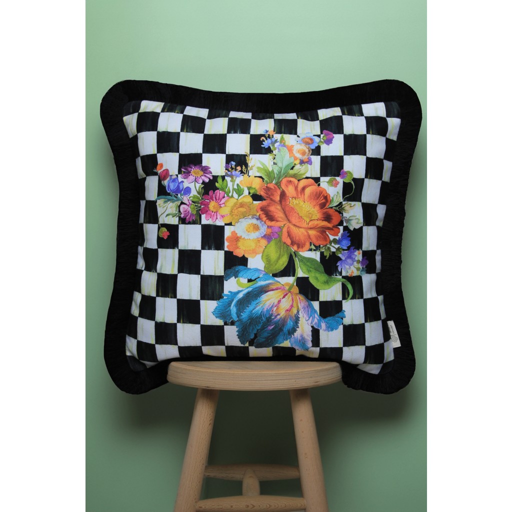 Alseko Concept Siyah Püsküllü, Çiçekli Dama Desen 43 x 43 cm Kırlent Kılıfı - 43 x 43 cm - Renkli Diğer Fiyatı